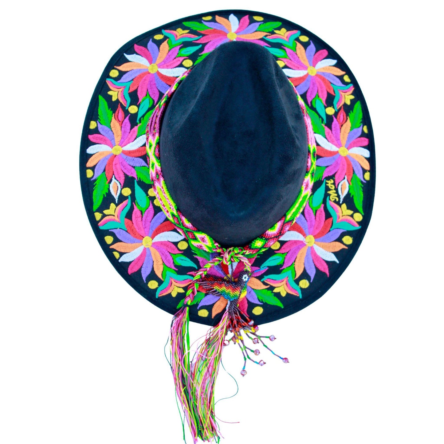 Black floral hat with magenta bag