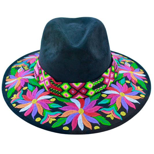 Black floral hat with magenta bag
