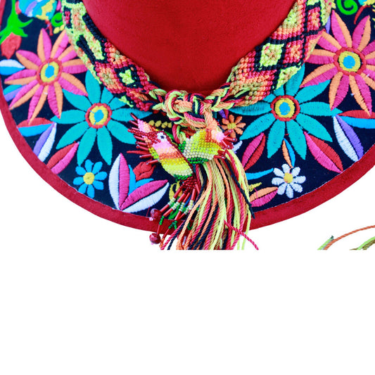 Red floral hat with tan bag