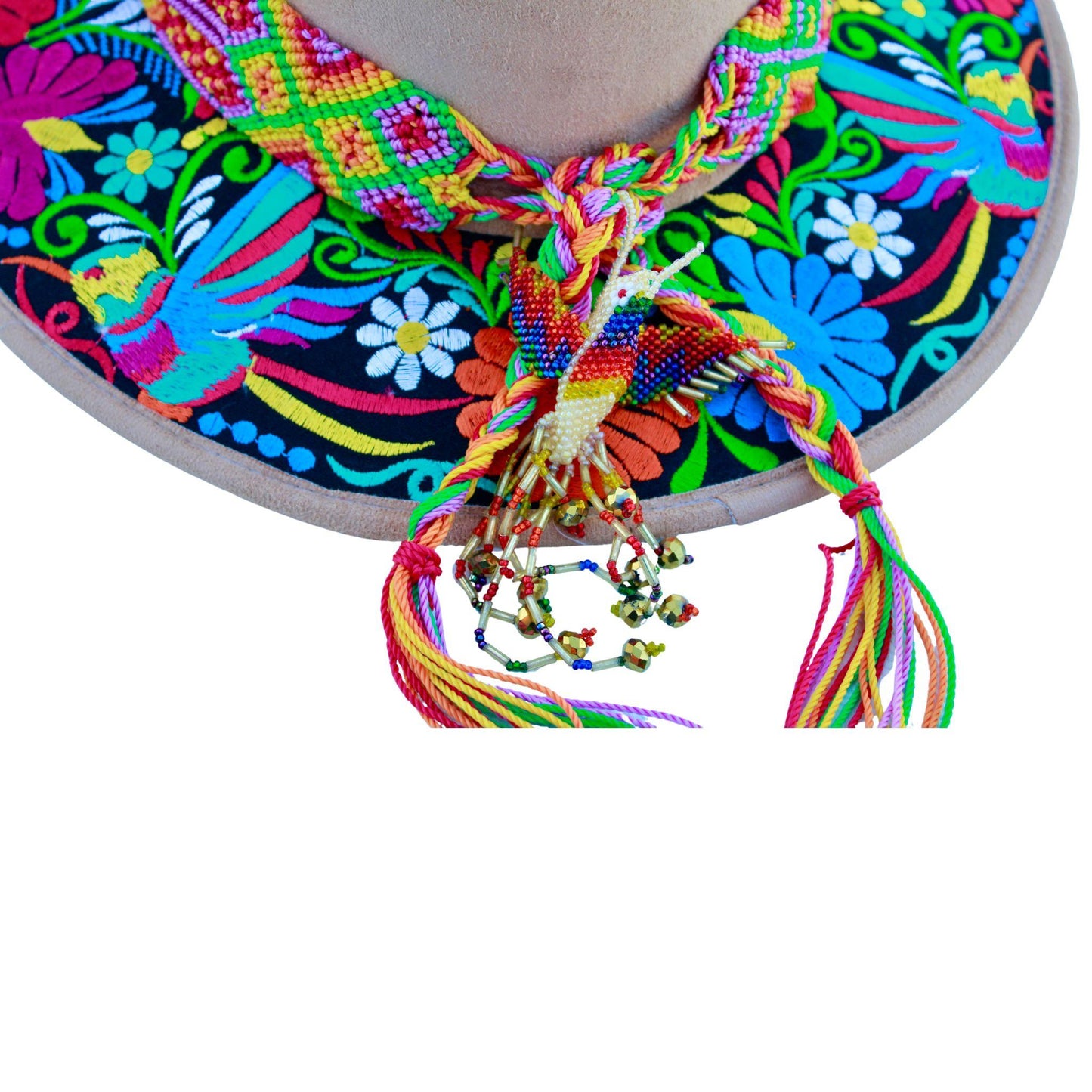 Tan floral hat with blue bag