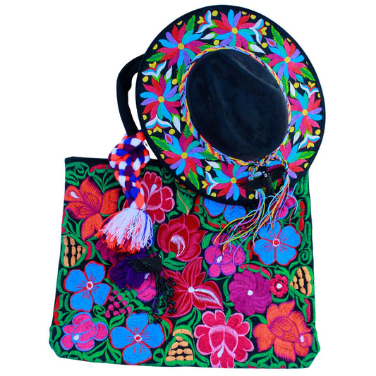 Black floral hat with black bag
