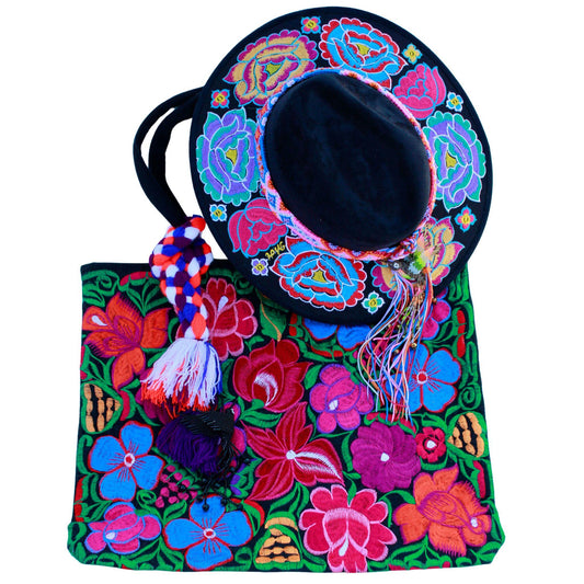 Black floral hat with black bag