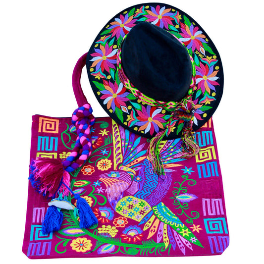 Black floral hat with magenta bag