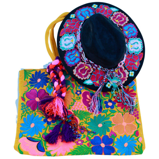 Black floral hat with yellow bag