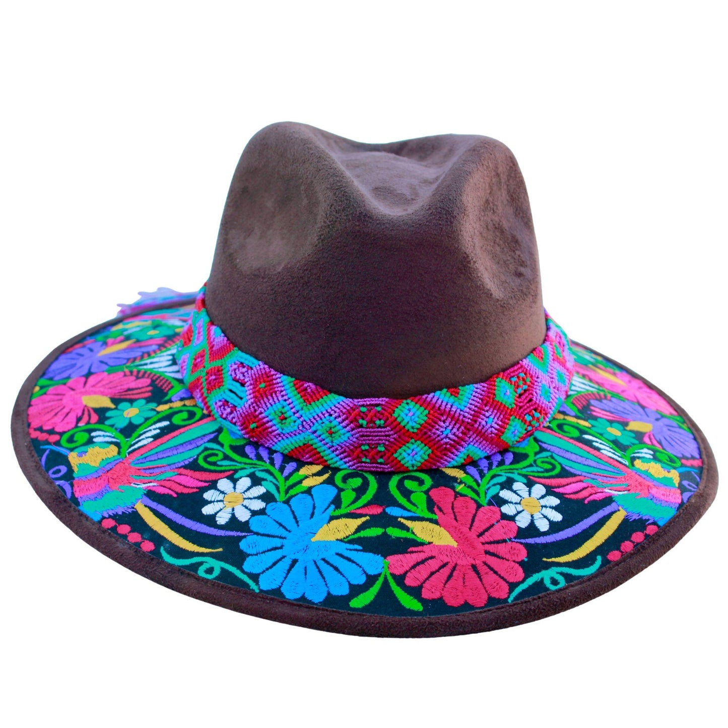 Brown floral hat with teal bag