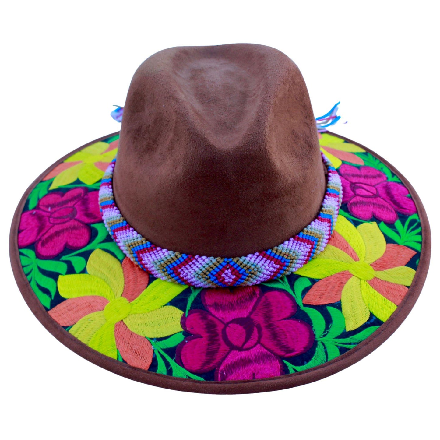 Brown floral hat with teal bag