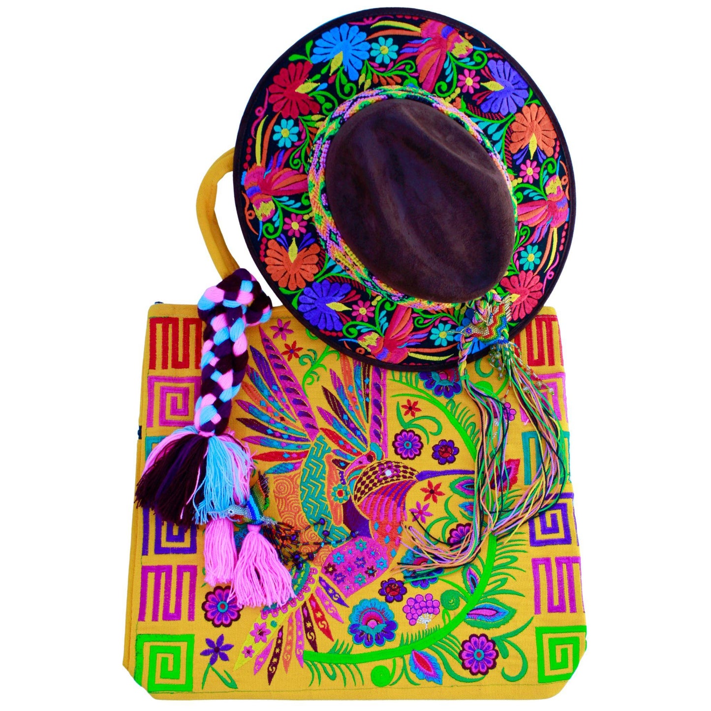 Brown floral hat anf yellow humming bird bag