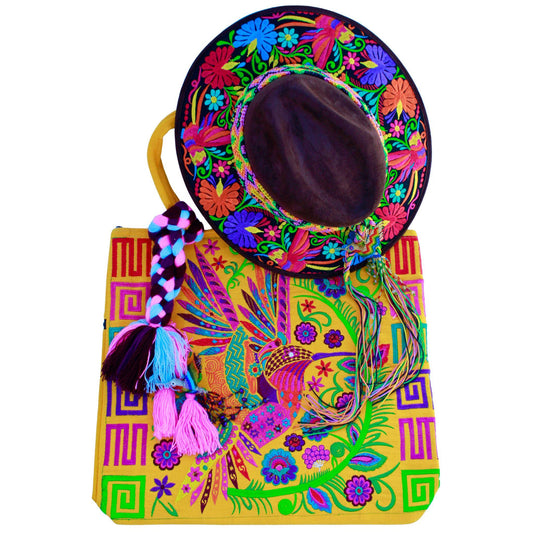 Brown floral hat anf yellow humming bird bag