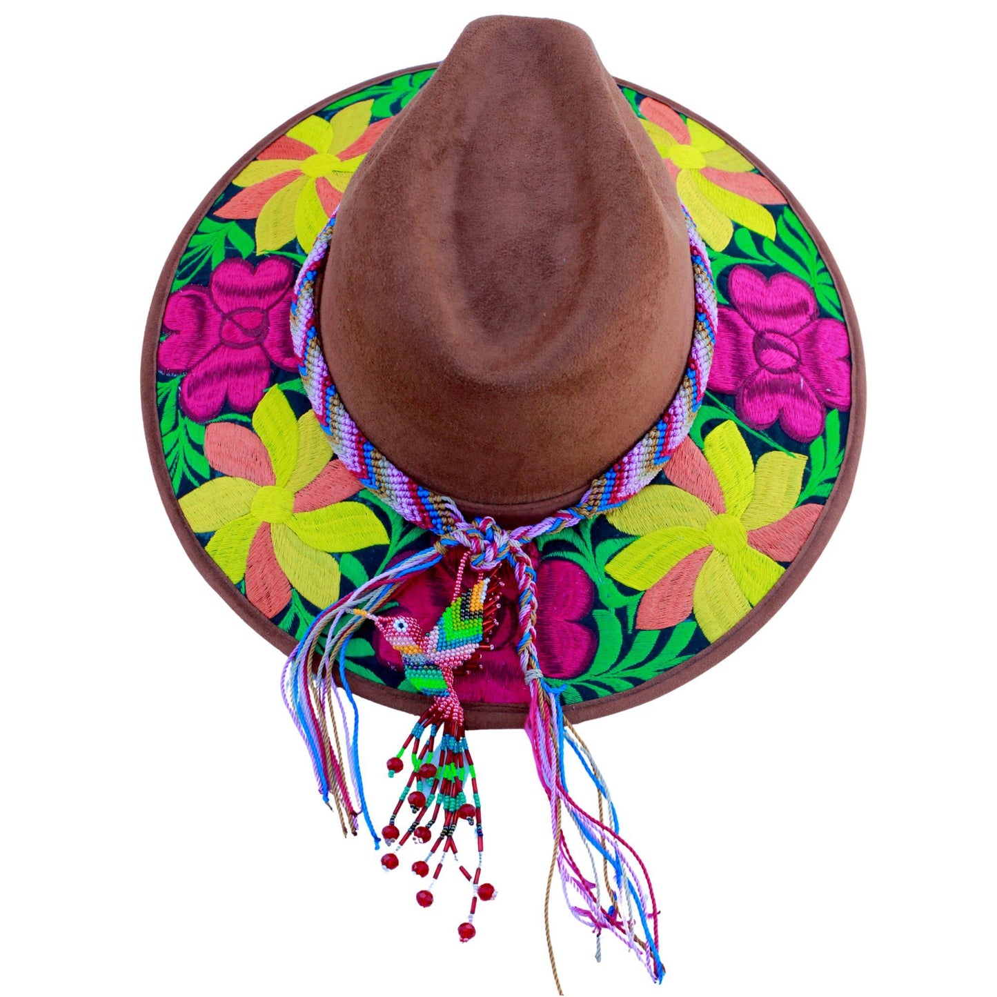 Brown floral hat with teal bag