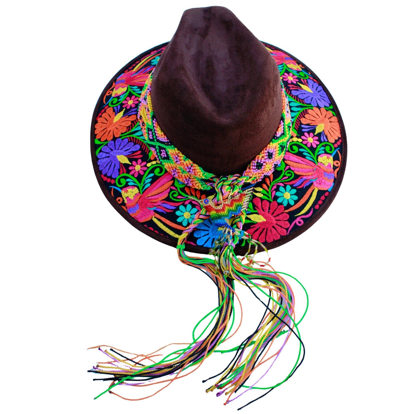 Brown floral hat anf yellow humming bird bag