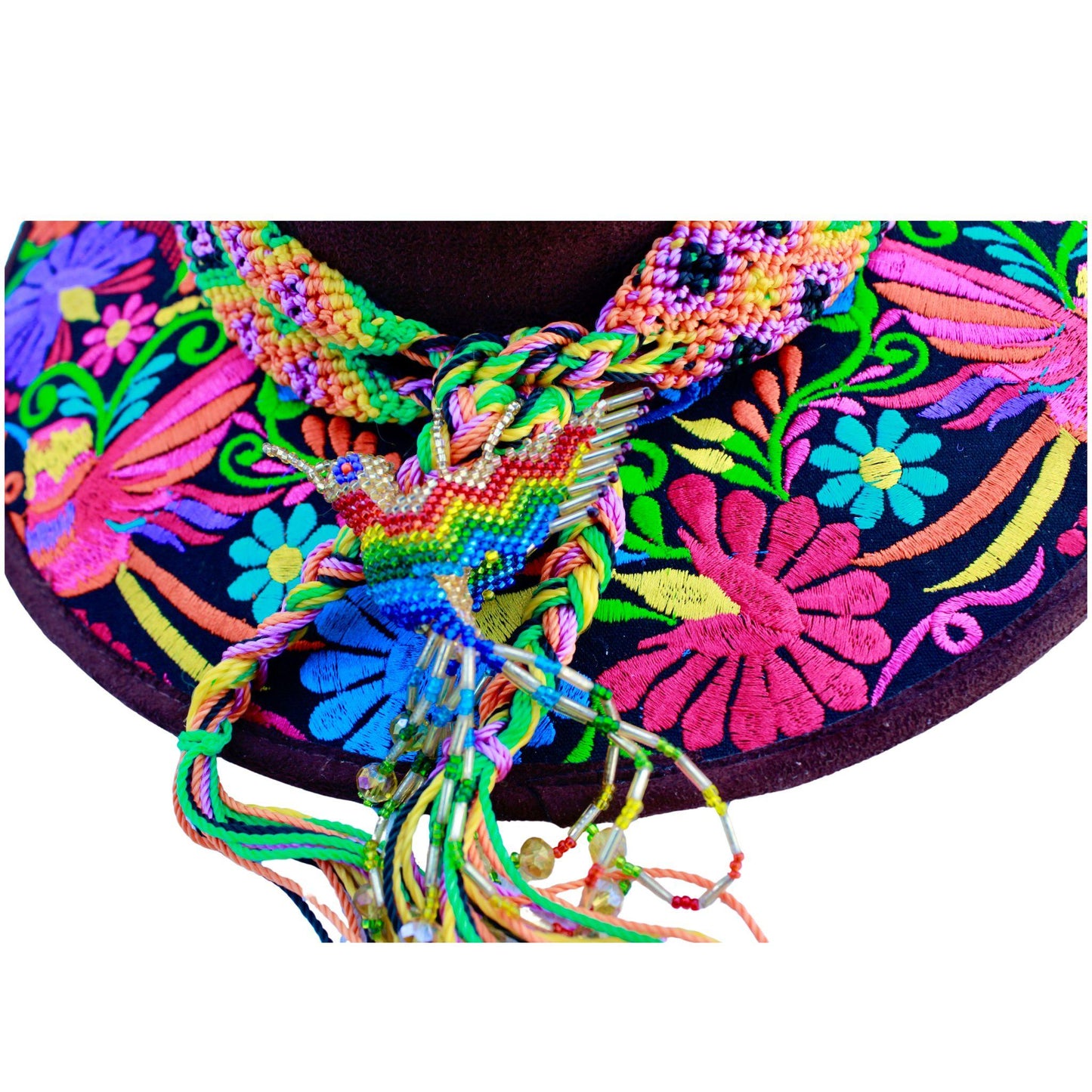 Brown floral hat anf yellow humming bird bag