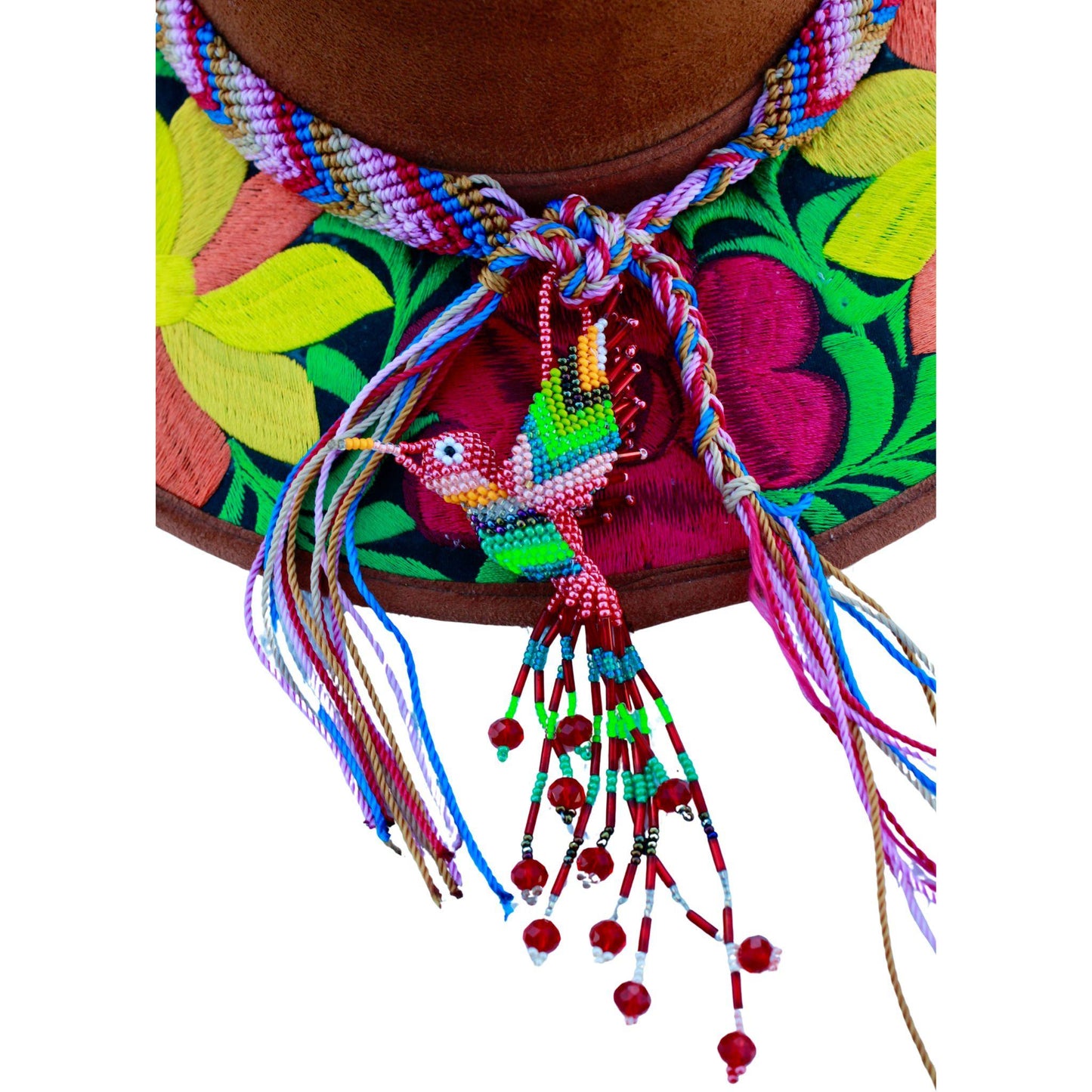 Brown floral hat with teal bag