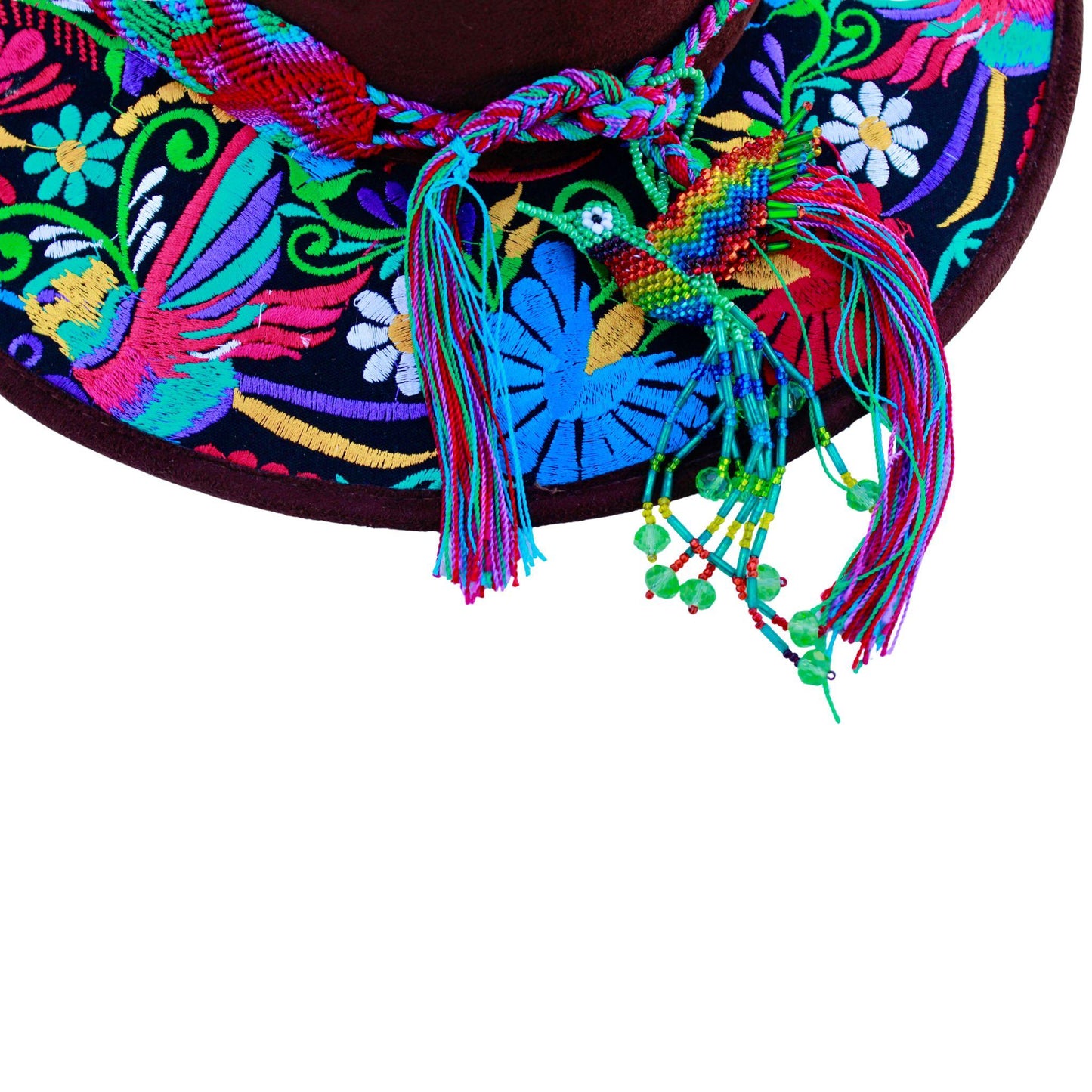 Brown floral hat with teal bag