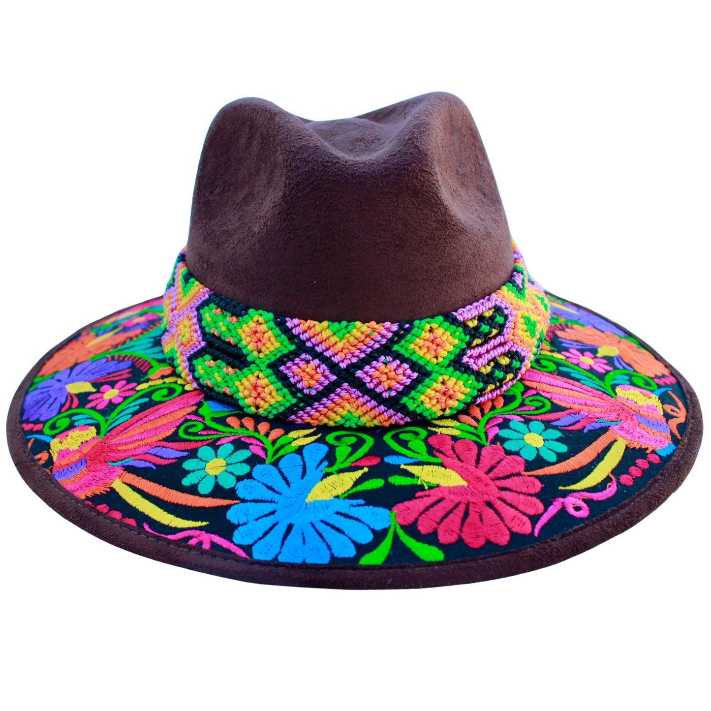 Brown floral hat anf yellow humming bird bag