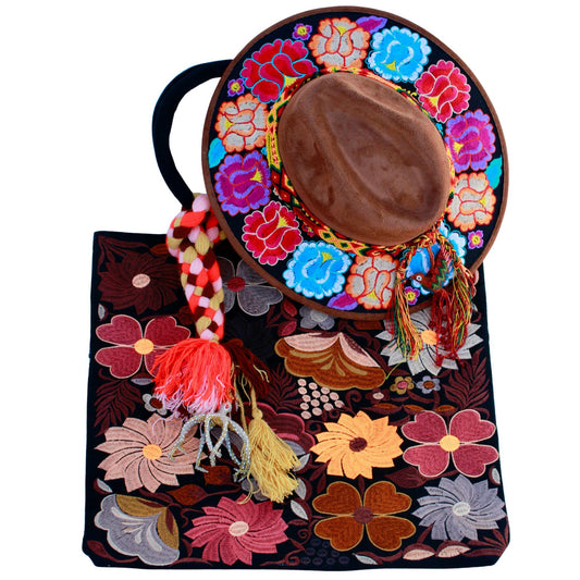 Brown floral hat with brown bag