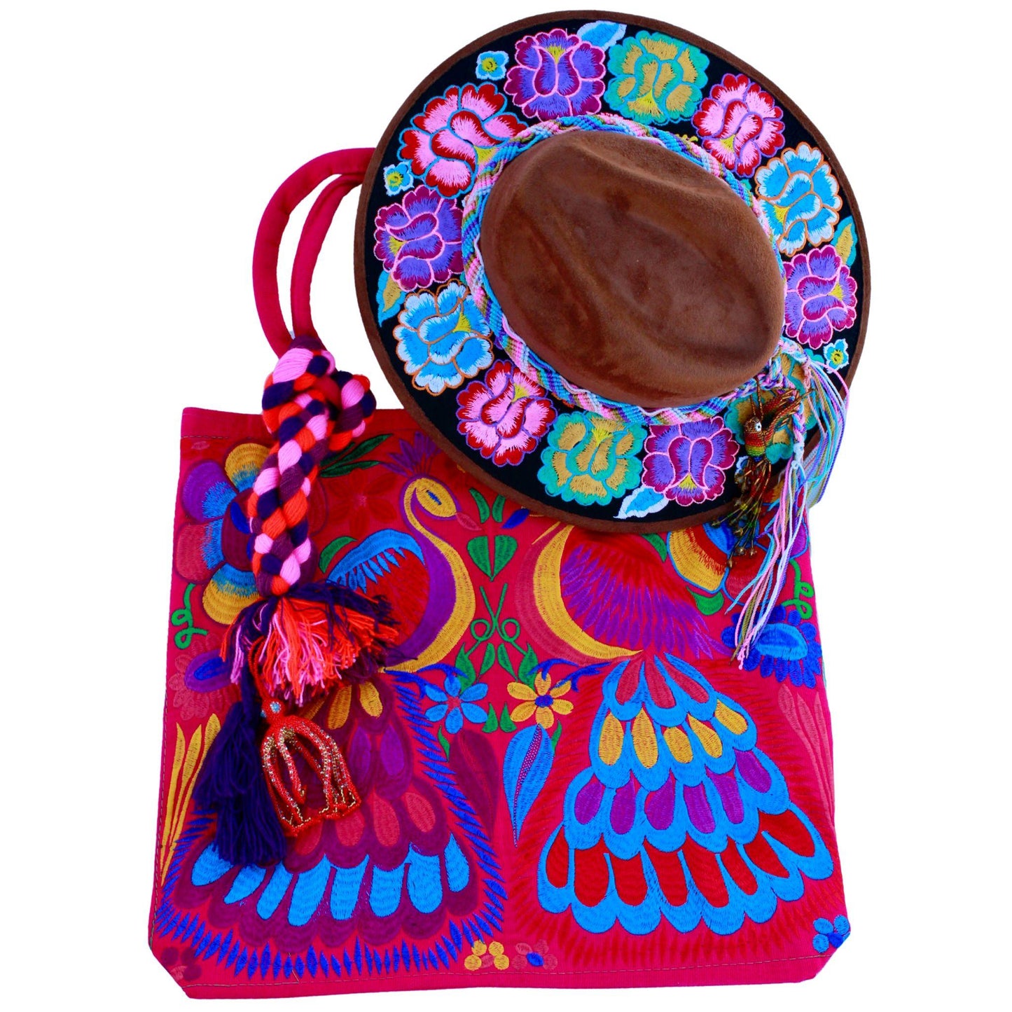 Brown floral hat with pink bag