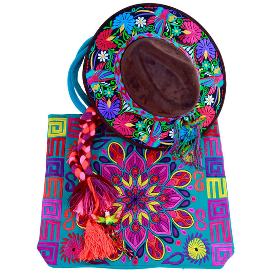 Brown floral hat with teal bag
