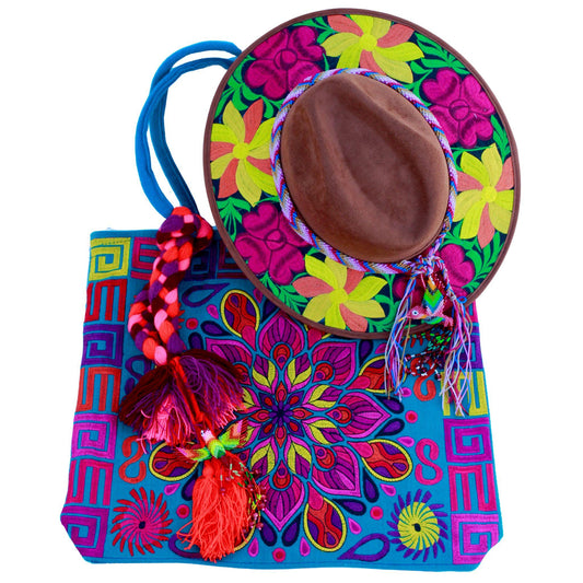 Brown floral hat with teal bag