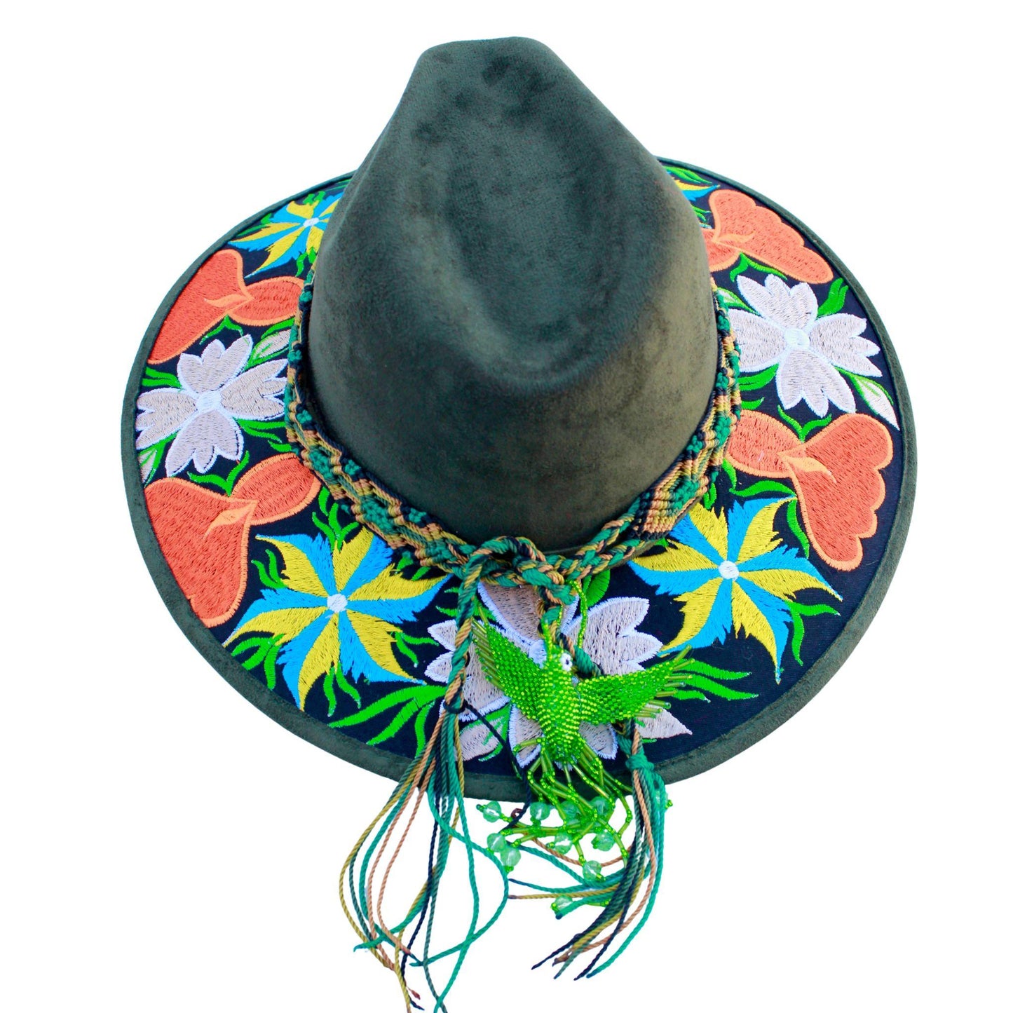 Dark green floral hat with brown bag