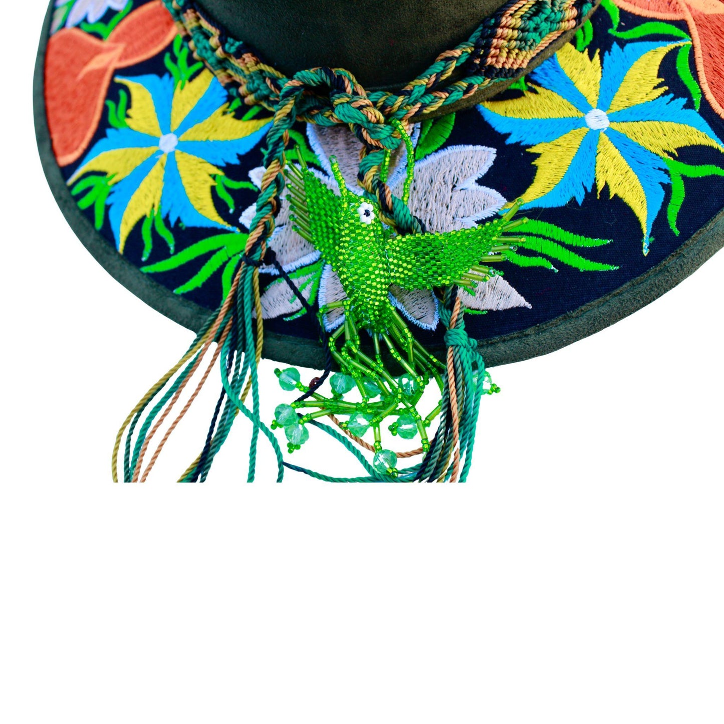 Dark green floral hat with brown bag