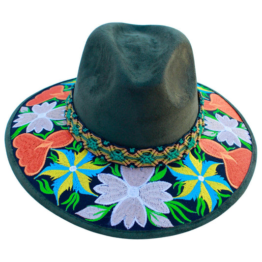 Dark green floral hat with brown bag