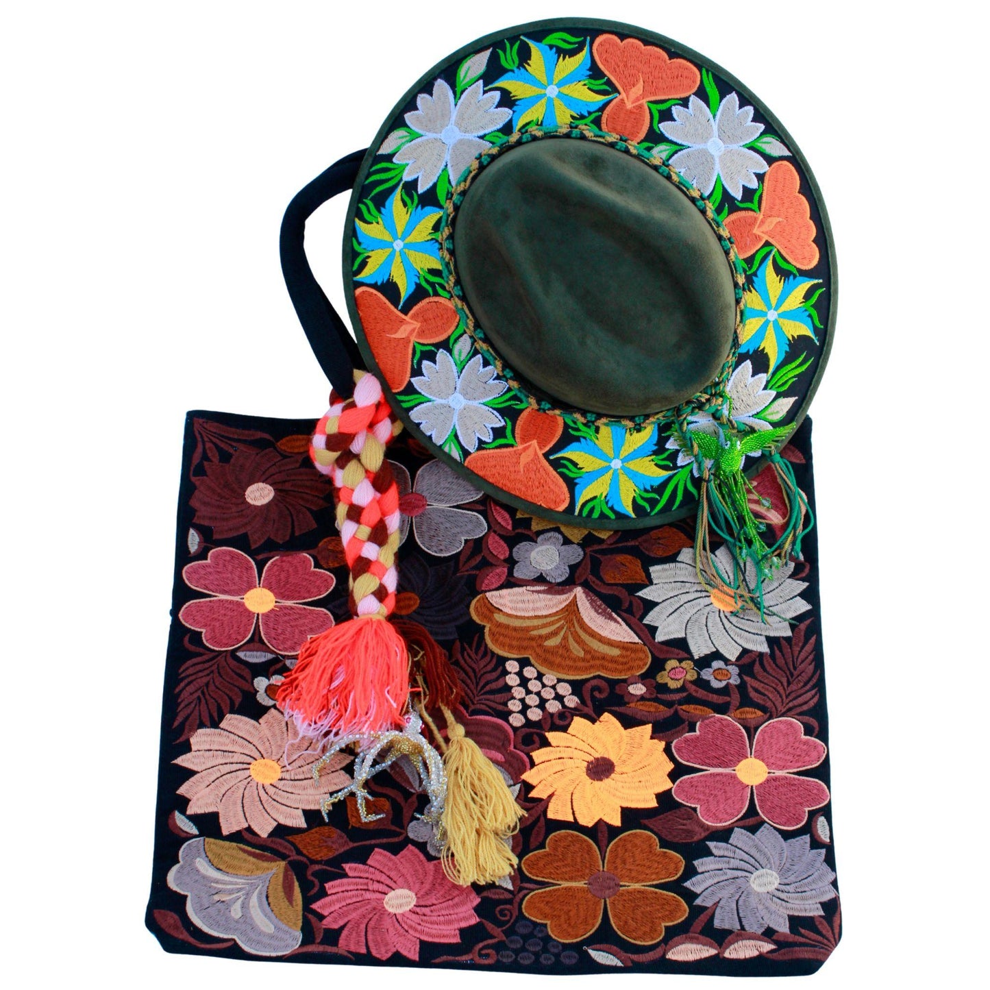 Dark green floral hat with brown bag