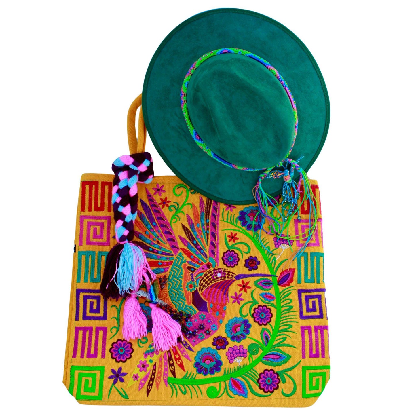 Green vegan suede hat with yellow humming bird bag