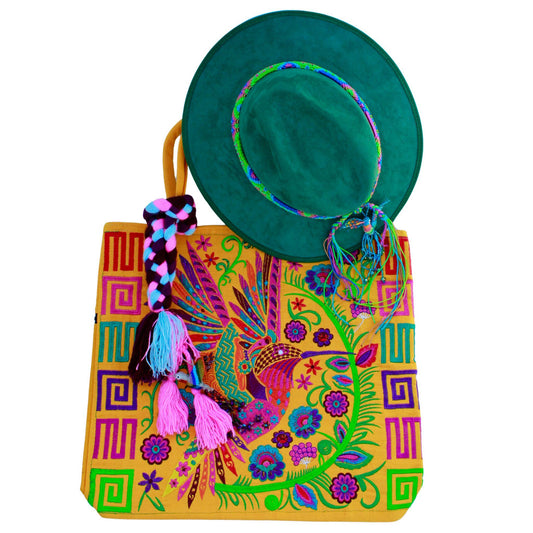 Green vegan suede hat with yellow humming bird bag