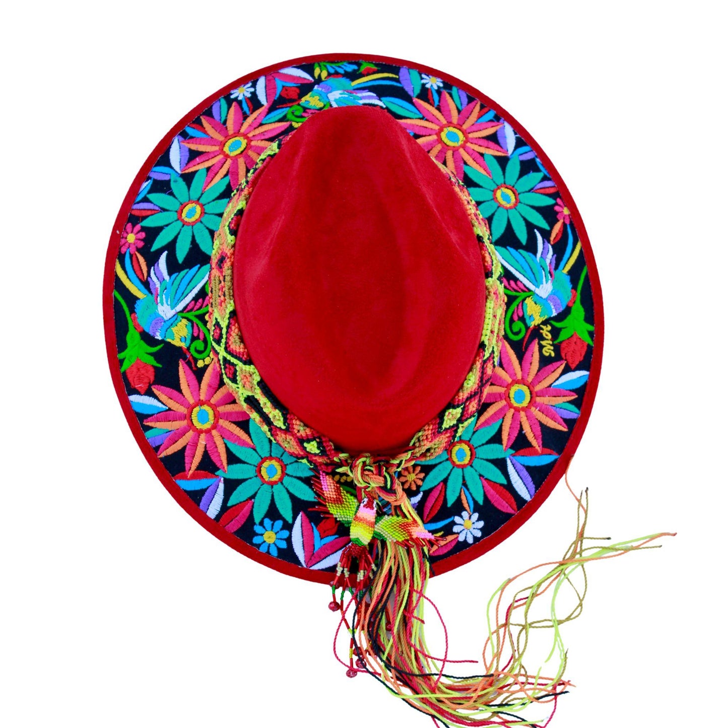 Red floral hat with tan bag