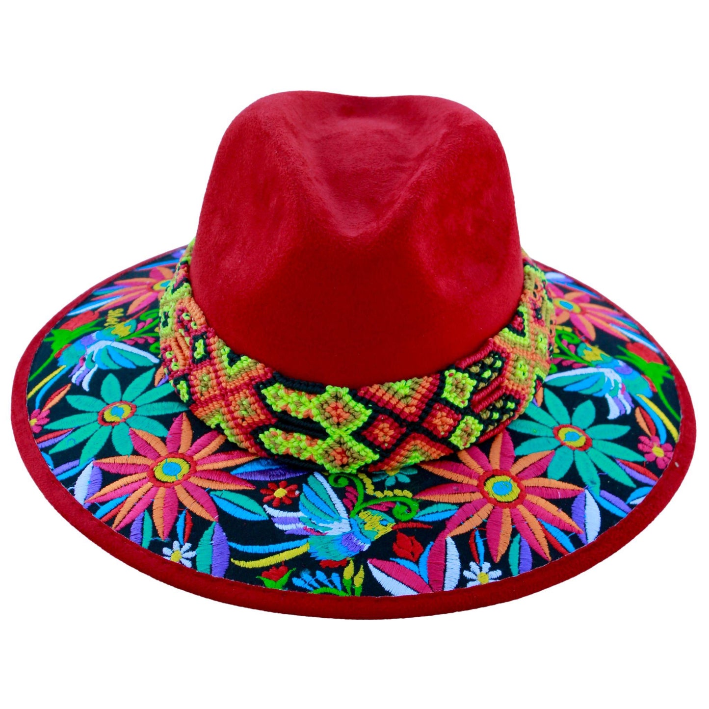 Red floral hat with tan bag