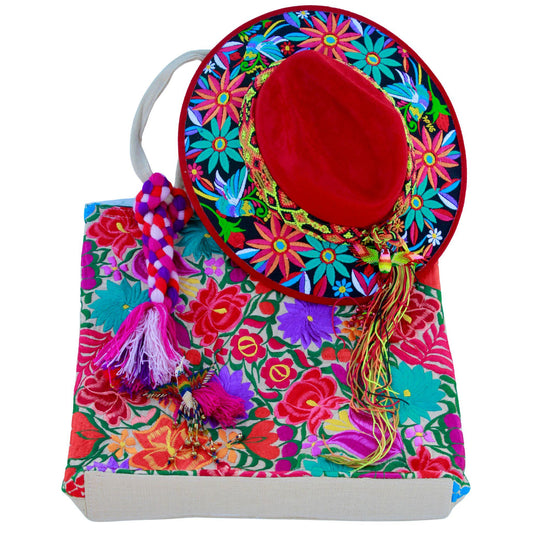 Red floral hat with tan bag