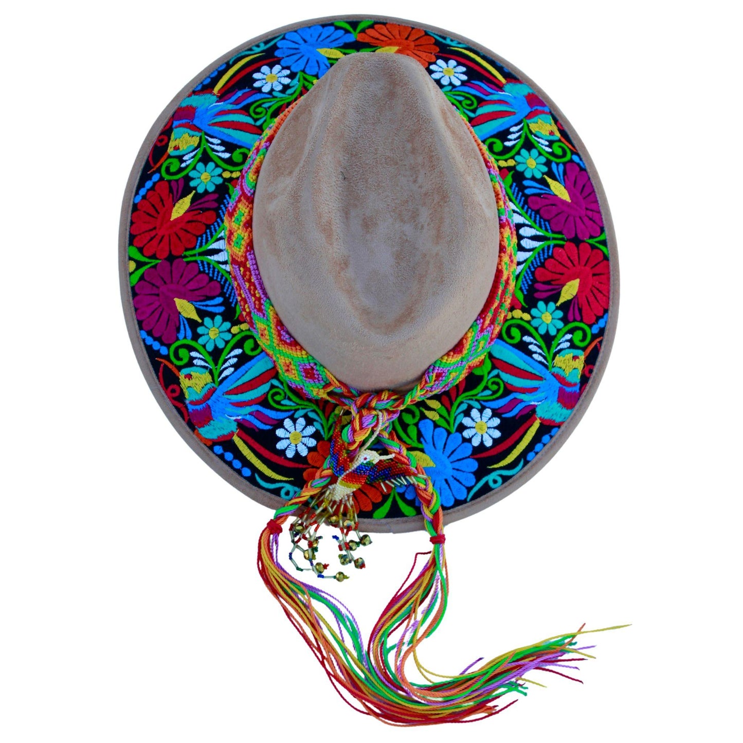 Tan floral hat with blue bag