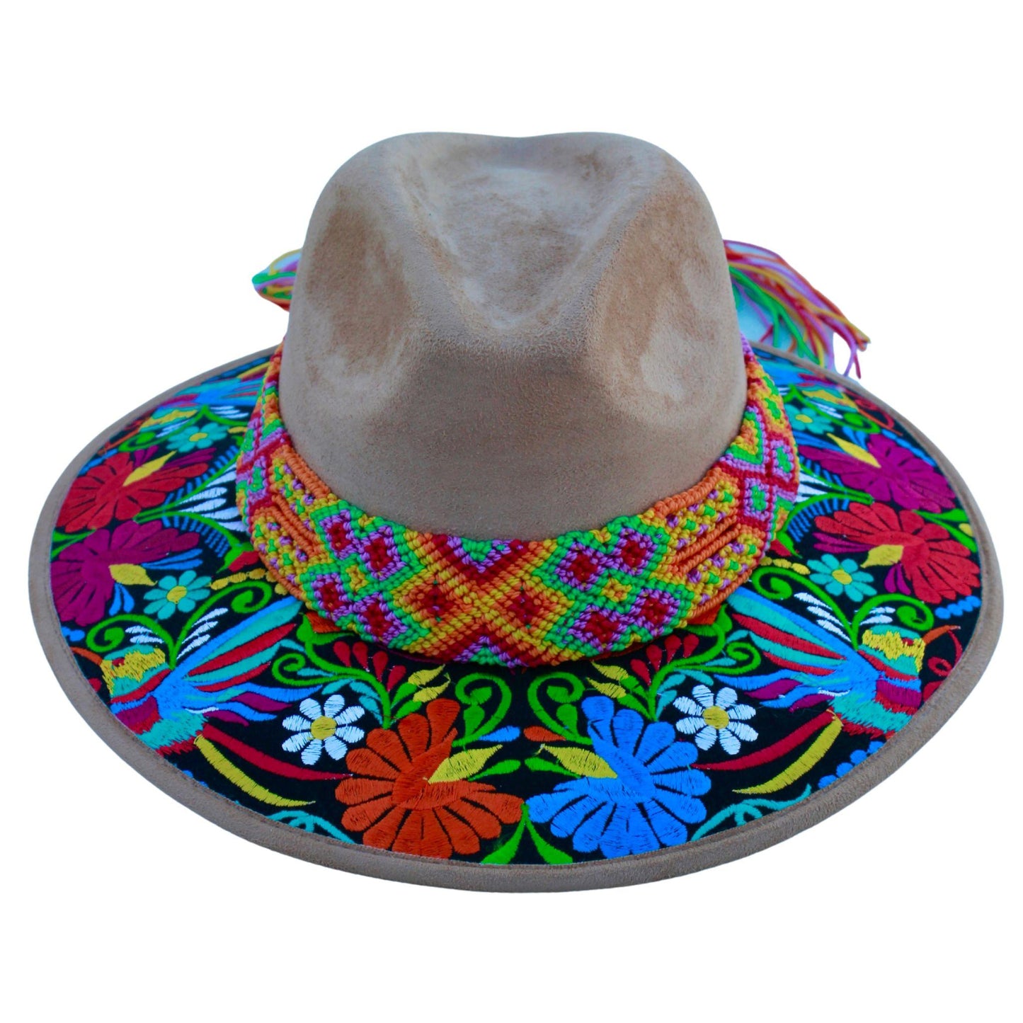 Tan floral hat with blue bag