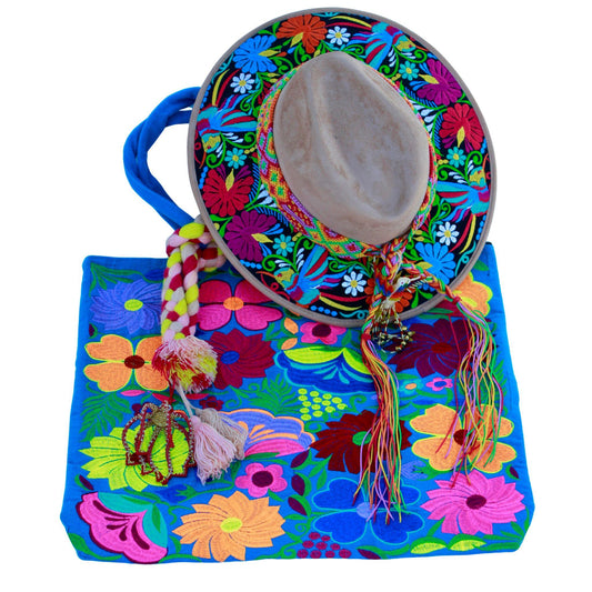 Tan floral hat with blue bag