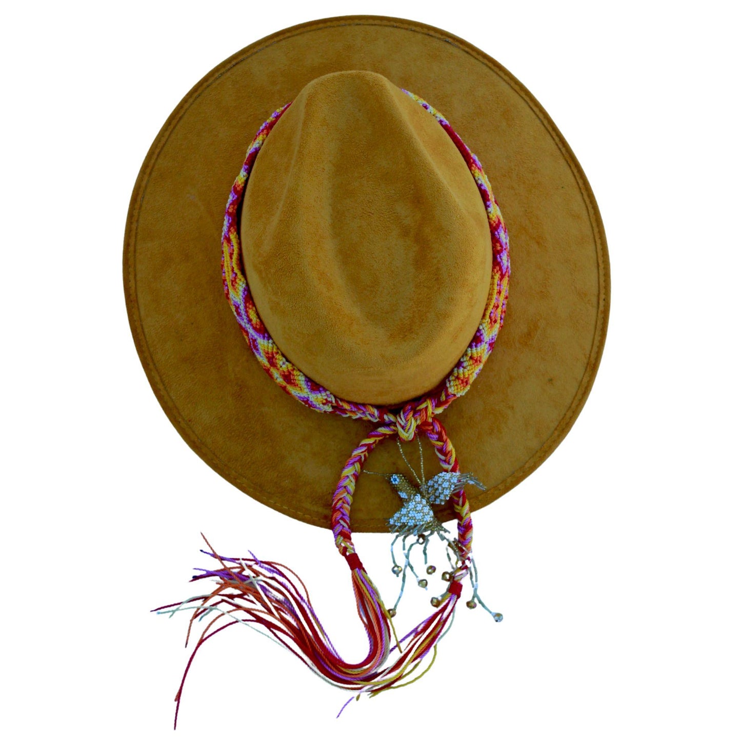 Yellow vegan suede hat with pink hummingbird bag