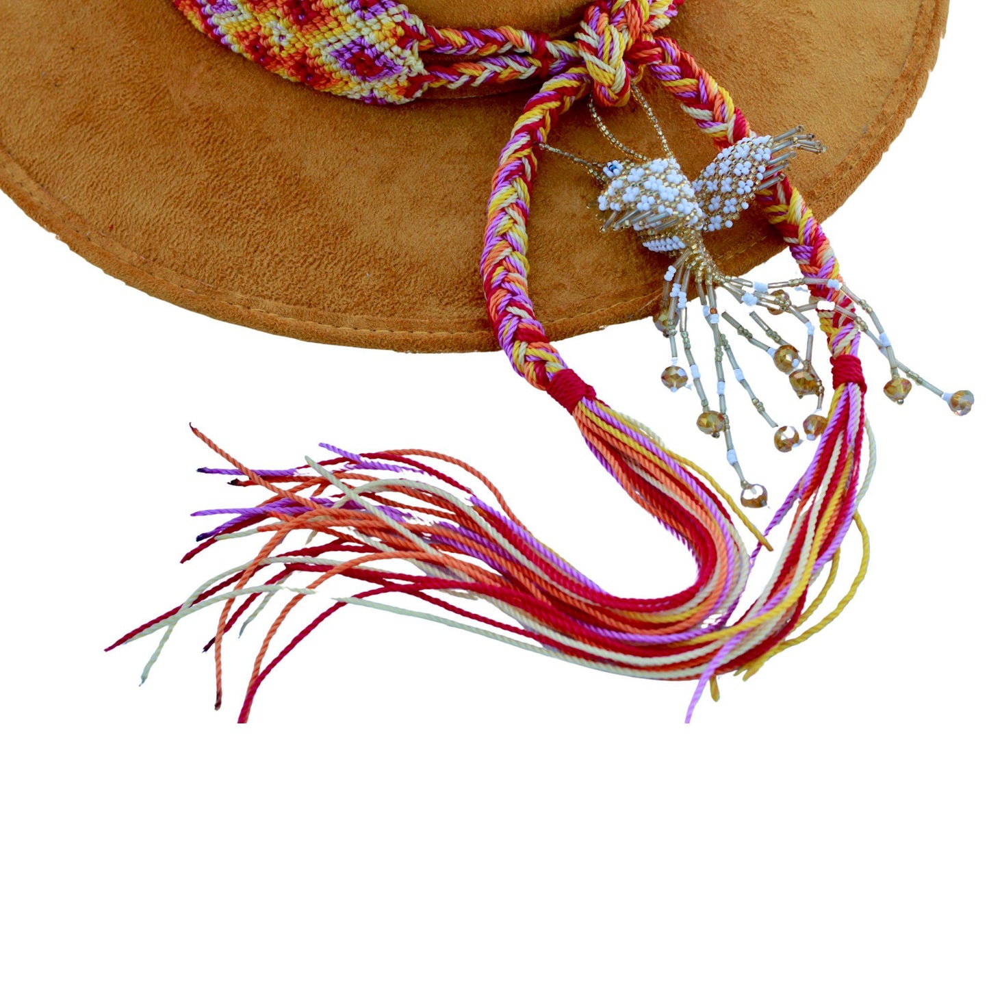 Yellow vegan suede hat with pink hummingbird bag