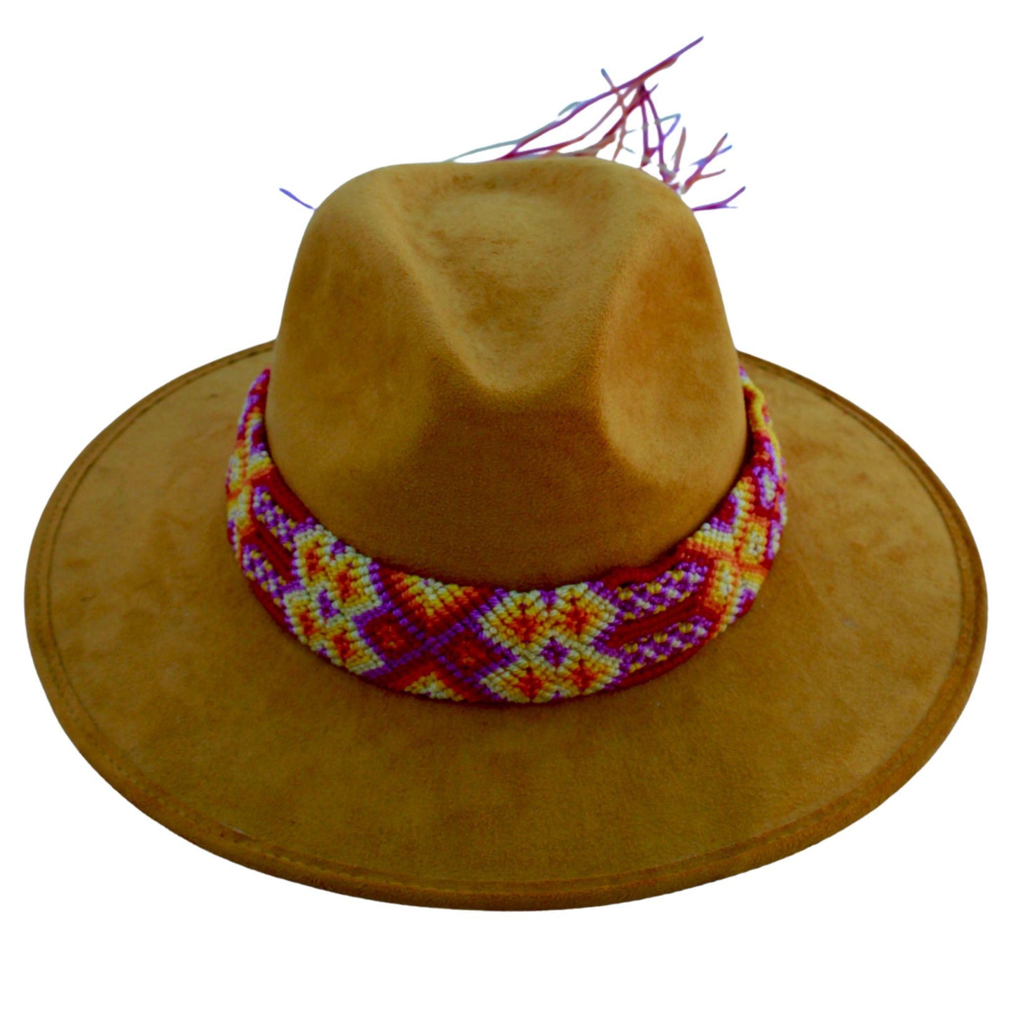 Yellow vegan suede hat with pink hummingbird bag