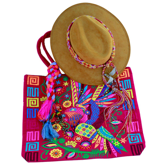 Yellow vegan suede hat with pink hummingbird bag